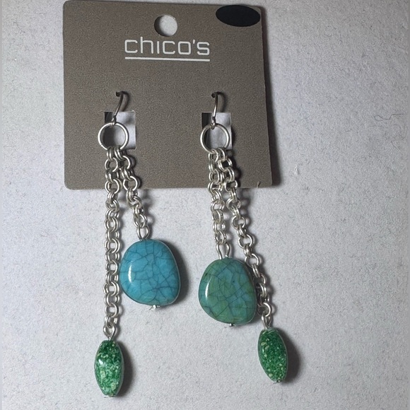 Chico’s Silver Tone Dangling Faux Aquamarine Earrings 3 inch approx - Picture 4 of 8